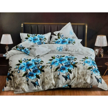 Pościel 200x220 Bawełna satynowa szara turkusowe kwiaty PK596